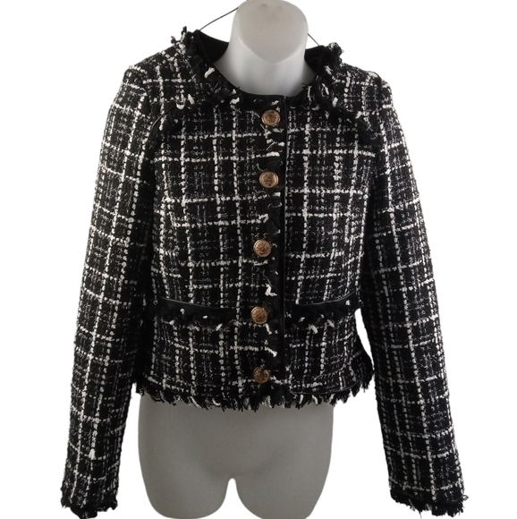 Walter Baker Women's Frayed Hem Tweed Blazer Metallic Threads Gold Button XS - Picture 2 of 9